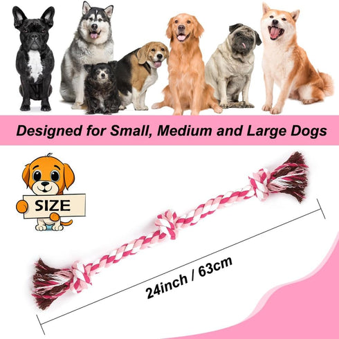 Dog Rope Toys, 3 Knots Chew Rope Toy for Small, Medium and Large Dogs, Natural Cotton Dog Pull Rope for Tug of War and Teeth Cleaning (Pink)...
