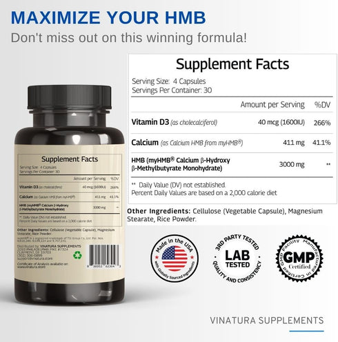 HMB 3000mg and Vitamin D3 Supplement Capsules per serving *USA Made & Tested* Promotes Muscle Growth & Recovery - HMB Supplement and Vitamin D3 (1...