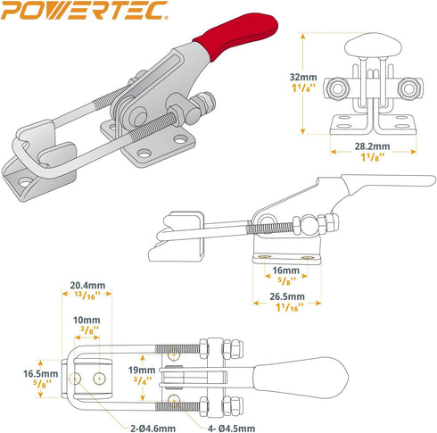 POWERTEC 1PK Toggle Clamp, 400 lbs Holding Capacity, 323 Adjustable U Bolt Latch w/ Antislip Hand Grip for Woodworking Jigs & Fixtures, Smoker, Ti...