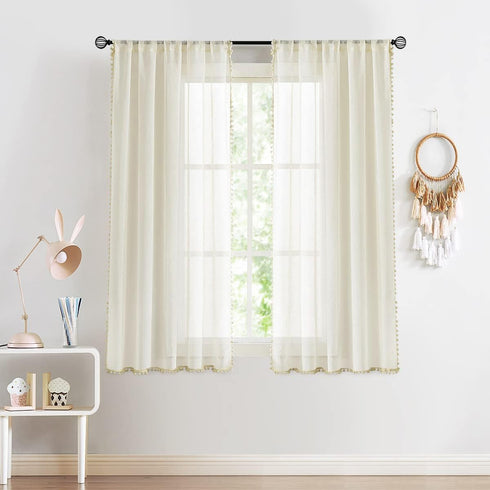 Treatmentex Pom Pom Linen Sheer Curtains for Living Room 63 inches Length Slub Textured Natural Farmhouse Window Sheers Drapes 52" w x 2 Pack, Rod...