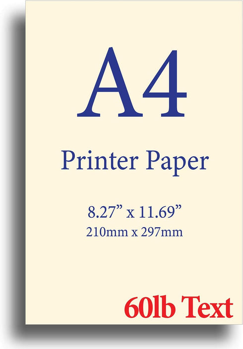 Natural Cream A4 Printer Paper - 24lb Bond / 60lb Text (90 gsm) - 8.3"x 11.7" - 100 Sheets...