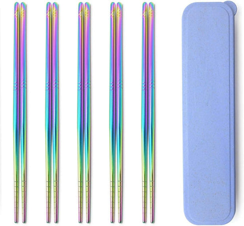 Rainbow 304 Stainless Steel Chopsticks -Reusable Multicolor Lightweight Stainless Steel Polished Chopsticks - Metal Chopsticks 5 Pairs Set with Ca...