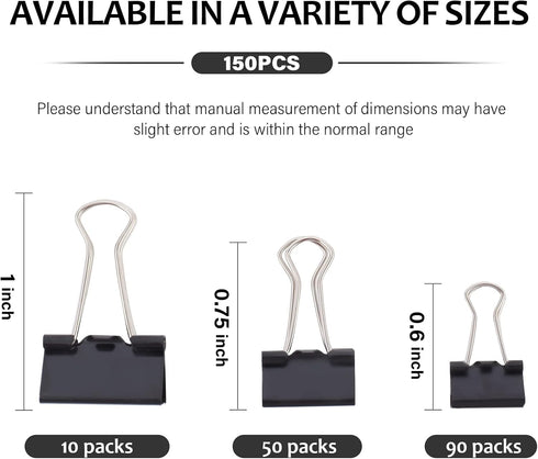 Binder Clips Paper Clamps Assorted Sizes 150 Count Medium, Small,Micro Assorted Binder Clips 3 Sizes Metal Black Binding Paperwork Clamp Bulk, Sch...