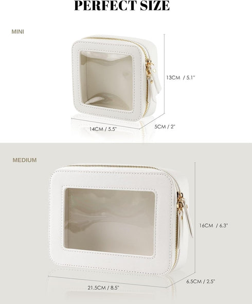 Clear Makeup Case, Durable Saffiano Faux Leather Travel Cosmetic Bag, Toiletry Bag with Visual Window & Dual Zippers, Travel Essentials for Women ...