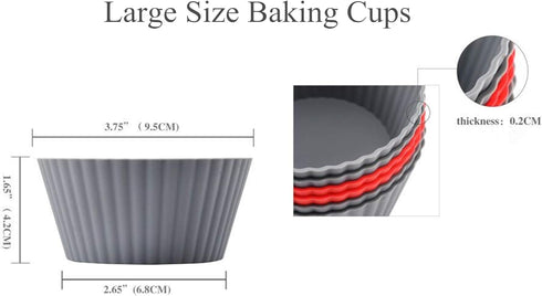 12 Pack Reusable Nonstick Jumbo Silicone Baking Cups, Cupcake and Muffin Liners, 3.8 Inch Large Size, Red and Gray Colors, Round...