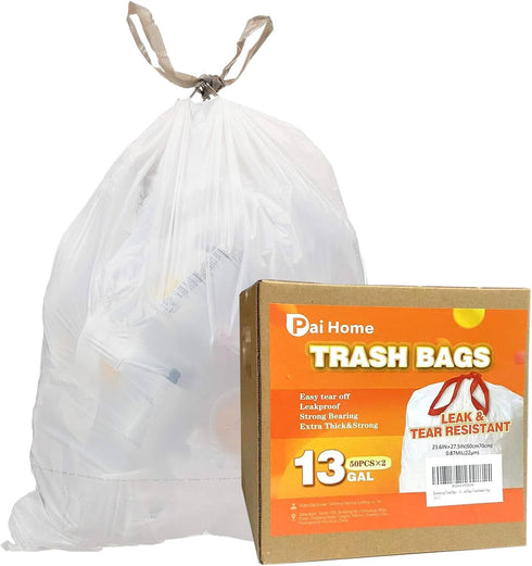 Drawstring Trash Bags 100 count?13 Gallon Extra Strong Tall Garbage Bags for Kitchen,Office,Bedroom Waste Bin, Portable Strong Rubbish Bags,Wasteb...