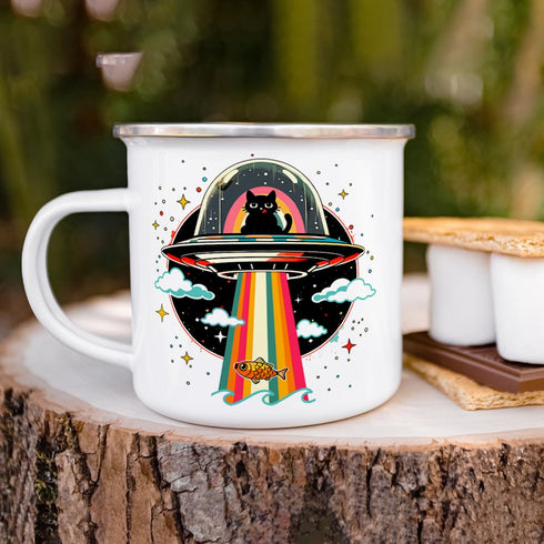 Retro UFO Cat Fish Abduction Extraterrestrial Paranormal Enamel Campfire Mug, Fun Outdoor Camping Coffee Cup (12oz)...