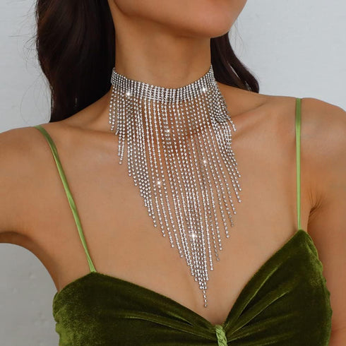 Fashion Women Sexy Rhinestone Bib Choker Necklace Tassel Long Chain Necklace...