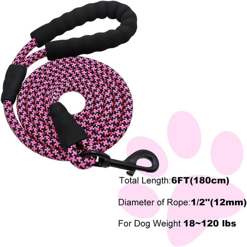 6FT Heavy Duty Dog Leash, Comfortable Soft handle, 1/2" Diameter Nylon Rope Leash for Medium and Large Dogs Walking Training, Pink...