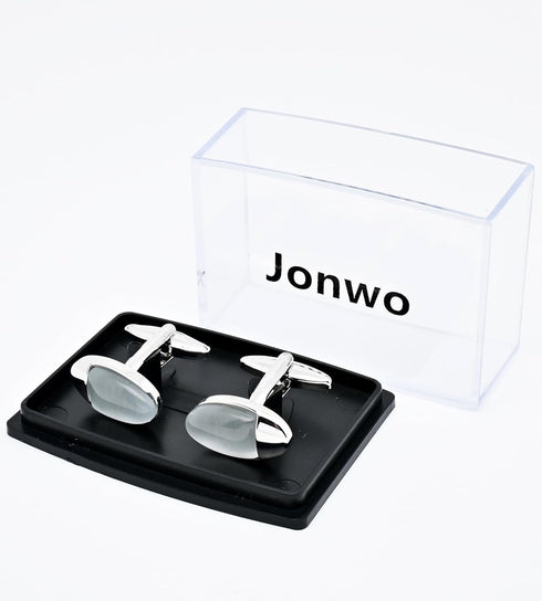 Silver Tone Cat Eye Stone Men's Cufflinks In Gift Case Oval Opal Stone Cufflinks for Men for Wedding Party Business Birthday Anniversary Dress...