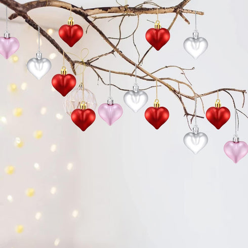 24 PCS Valentine's Heart Hanging Ornaments - Heart Shaped Tree Baubles, Plastic Decoration for Valentine's Day, Mother's Day, Wedding, Home Party ...