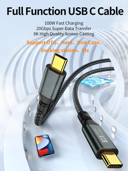 USB-C Cable, 6.6FT, 100W PD Fast Charging, 20Gbps Data Transfer, 8K Video Output, Compatible with iPhone 15, MacBooks, iPad, Galaxy, Pixel, and Mo...