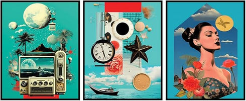 Posterizer 3 pcs-Beach Vibes Blue Themed Retro Collage-Abstract & Modern Art-Retro Art- Gift for Men Women Entrepreneur Teens-Decor for Beach Hous...