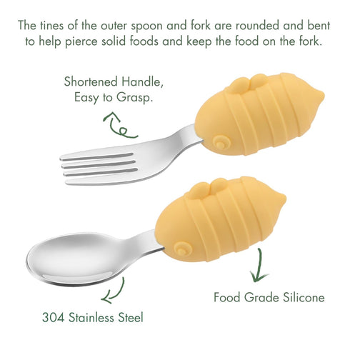 Baby Fork and Spoon Set with Carry Case Baby Training Utensils Self Feeding Toddler Silverware Silicone and Stainless Steel Kids and Toddler Utens...