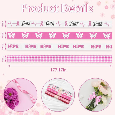 4 Rolls 20 Yards Breast Cancer Awareness Ribbons, 3/8" Pink White Buffalo Plaid Grosgrain Ribbons for Wrapping, Hope Faith Butterfly Ribbons for P...