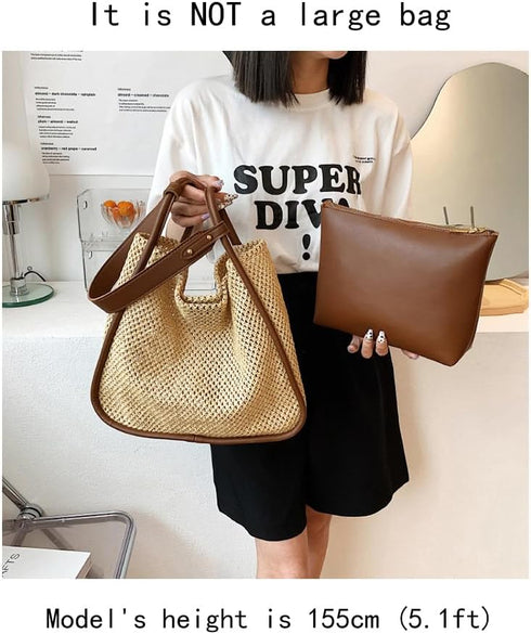 Women Faux Straw Bag Weave Tote Bag Summer Beach Bag Shoulder Bag Top Handle Bag Handbag 2 Pcs Set...