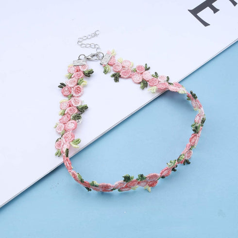 Boho Flower Lace Choker Necklace Pink Rose Choker Chain Vintage Floral Choker Collar Jewelry for Women Teen Girls...