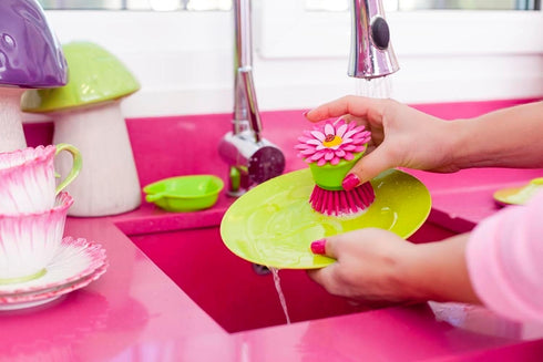 Vigar Flower Power Pink Palm Dish Brush with Holder, 5-3/4-Inches by 3-3/4-Inches, Pink, Green...
