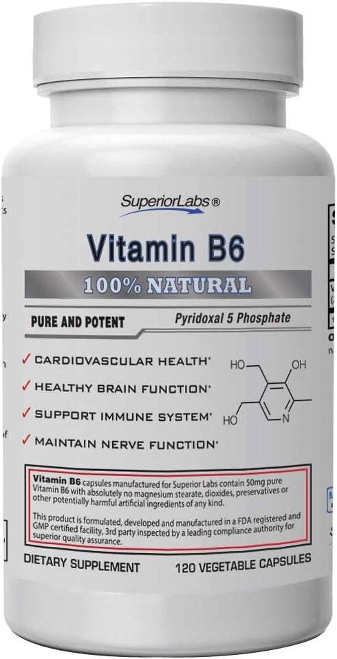 Superior Labs — Best Vitamin B6 Dietary Supplement — 50 mg Dosage,120 Vegetable Capsules —Supports Immune System Health — Healthy Brain Function —...