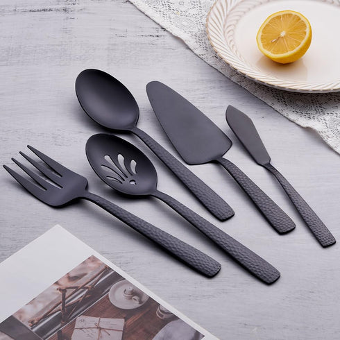 Matte Black Large Serving Utensil Set, FULLYWARE Stainless Steel Large Hostess Serving Set, include Serving Spoon, Slotted Serving Spoon, Serving ...
