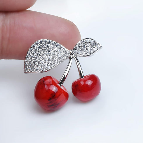 Red Stone Cherry Brooch Pin Green Cubic Zirconia Leaf Fruit Lapel Pin for Women Party Weddings Banquet Jewelry Pins...