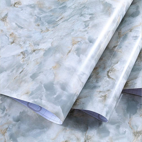 Amao Light Blue Marble Paper Removable Wallpaper Film Self-Adhesive Granite Kitchen Peel Stick Backsplash Tile Countertop 15.7inch by 79inch...