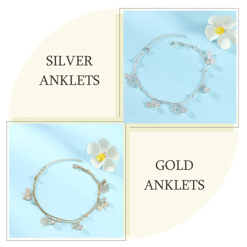 Dreamyn Boho Anklets Crystal Ankle Bracelets Flower Barefoot Foot Chain Dragonfly Anklet for Women and Girls (silver)...