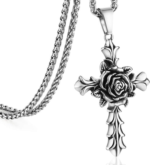 Rose Cross Pendant Necklace for Women Stainless Steel Link Chain Jewelry 21.65"...