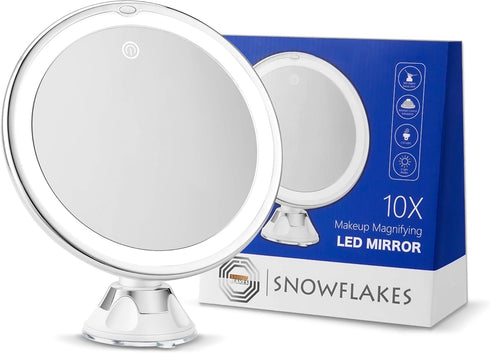 Snowflakes 10x Magnifying Lighted Makeup Mirror with Lights, Suction Cups, and 360° Swivel – Touch Control, 3 Light Modes – Ideal for Home, Bathro...