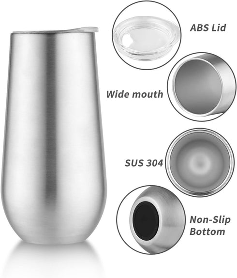 Sivaphe 2Pack Stemless Champagne Flutes Set with Lid Stainless Steel Insulated Vacuum Tumbler Cocktail Cups Reusable Wedding Toasting Method 6 Oun...