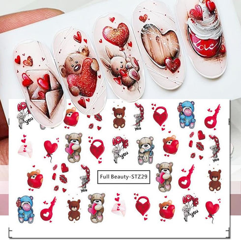 Valentine's Day Nail Stickers DIY Water Transfer Nail Stickers Heart Love Cute Bear Self Adhesive Water Transfer Nail Decals Sexy Lips Love Letter...