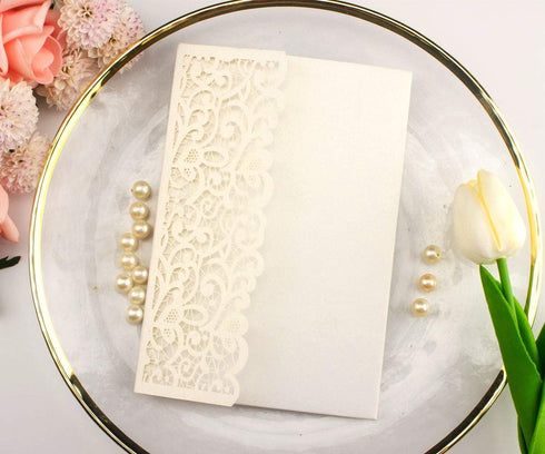 25pcs 5"x7.28" Ivory Vintage Tri Fold Wedding Invitations Cards pocket Pearl Paper Laser Cut Hollow Carving Greeting invites Covers only no envelo...