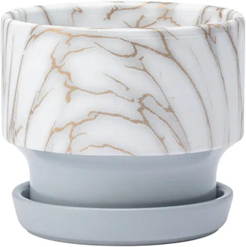 White Gold Faux Marbled Pattern 4.25 x 4.25 x 3.75 inches Grey Ceramic Flower Succulent Plant Pot Planter Container Holder with Saucer Tray, Indoo...