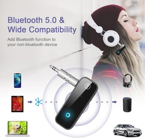 Aux Bluetooth Adapter for Car, 2 in 1 Bluetooth Transmitter Receiver for Hands-Free Call, Noise Cancelling 3.5mm AUX Bluetooth 5.0 Receiver for Ho...