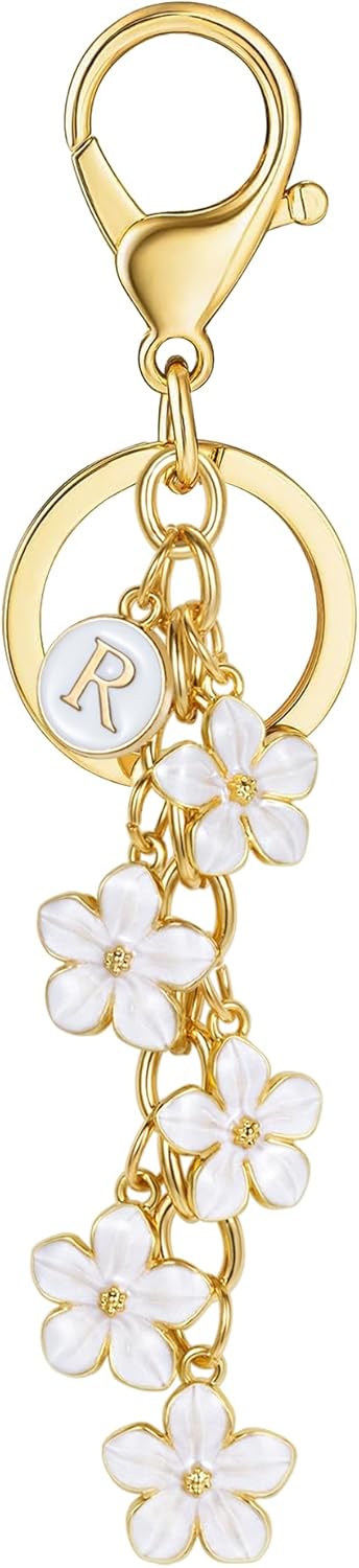 XGALBLA White Pink Black Cute Initial Letter Keychain for Women, Flower Bag Charms Enamel Keyring for Handbag Backpack...