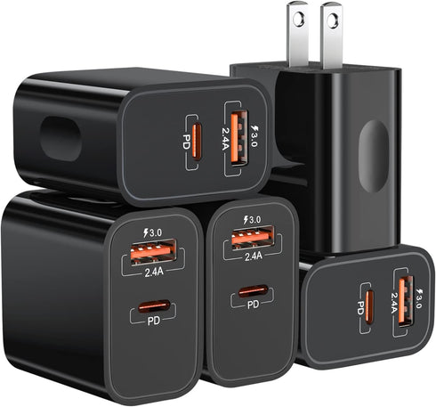 20W USB C Fast Charger+Quick Fast Charger 3.0 Wall Charger, Bangfun 5 Pack Dual Port PD Fast Charging Block Power Adapter Compatible iPhone 16/15/...