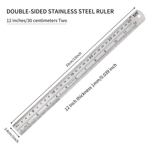 2PCS Stainless Steel Ruler Set,12 Inch Metal Scale Millimeter Ruler with Inches and Centimeters,Precision Measuring Tool for Drawing,Baking,for Sc...