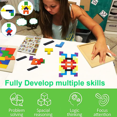 2 Pack Wooden Puzzle Blocks Geometric Tangram + Russian Blocks Puzzle for Kids & Adults, Intelligence Brain Teasers Toy Wooden Puzzle for All Ages...
