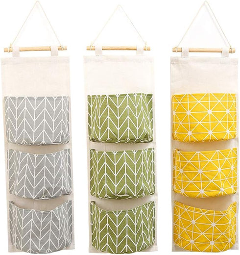 3Pcs Wall Hanging Storage Bag, Creatiee Waterproof Over The Door Closet Organizer Linen Farbric Hanging Pocket Organizer with 3 Remote-Sized Width...