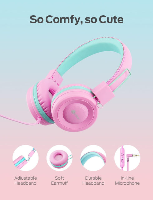 iClever Kids Headphones with Microphone for School - 85dB/94dB Volume Control, Wired Headphones for Kids Girls Boys, Adjustable Foldable On-Ear He...