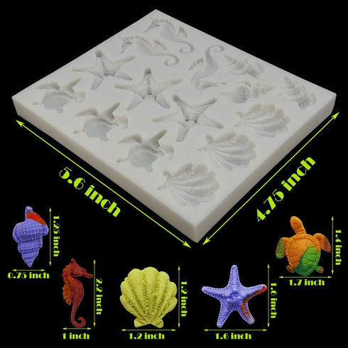 Sakolla Marine Theme Fondant Silicone Molds, Seashell, Conch, Seahorse, Starfish, Tortoise Silicone Mold for Cake Decoration, Chocolate Candy Suga...