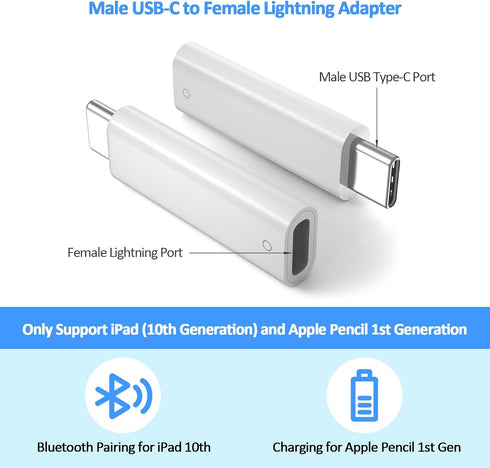 USB C to Pencil 1st Gen Adapter for iPad 10th Generation Male USB-C to Female Charging Adapters Bluetooth Pairing for iPad 10th Pencil Charging Co...