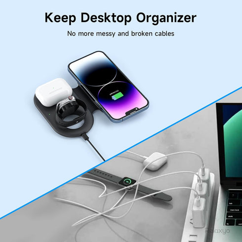 Wireless Charger 3 in 1, RELAXYO Travel Fast Wireless Charging Station for Apple, Compatible with iPhone 15 14 13 12 11 Pro/Max/XR, for iWatch 9/8...