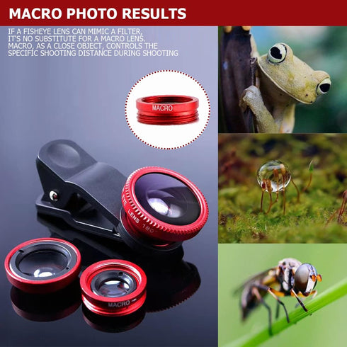 3 in 1 Phone Camera Lens Kit Camera Lens with Clip Fisheye Lens Wide Angle Lens and Macro Lens for Smartphones iPhone, Andorid (Red)...