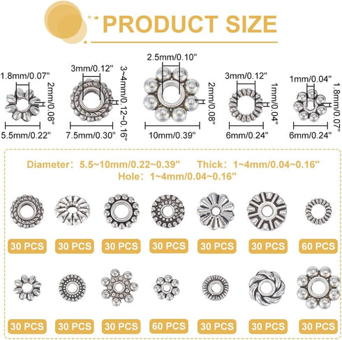 PH PandaHall 480pcs Silver Spacer Beads 14 Style Jewelry Beads Metal Flower Gear Snowflake Rondelle Beads Charm Spacers Tibetan Alloy Loose Beads ...