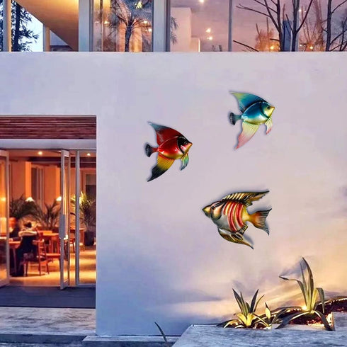 FANWNKI Set of 3 Metal Fish Wall Decor Art Outdoor Indoor Sculpture Hanging for Pool Home Porch Fence Garden...