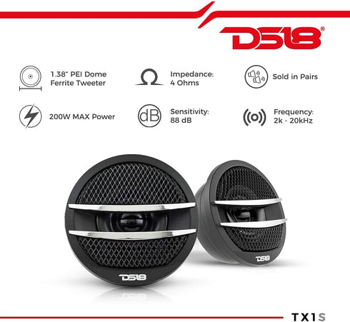 DS18 TX1S Tweeter X1 1.38-inch 200 Watts Max Pei Dome Ferrite Tweeters with Mounting Kit Angle, Flush, & Surface - Set of 2 (Black/Silver)......