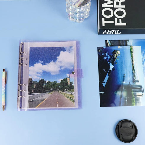 Photo Album 6x8 25 Inner Pages Personal A5 6 Ring Photocard Binder with DoubleSided 1 Pocket Sleeves Set, Clear Purple Glitter PVC Binder Cover an...