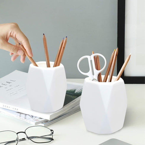 2 Pack Ceramic Pencil Holder,White Geometric Pen Cup Makeup Brush Holder for Girls Women,Desk Accessories Holder,Durable Desktop Organizer Pen Hol...