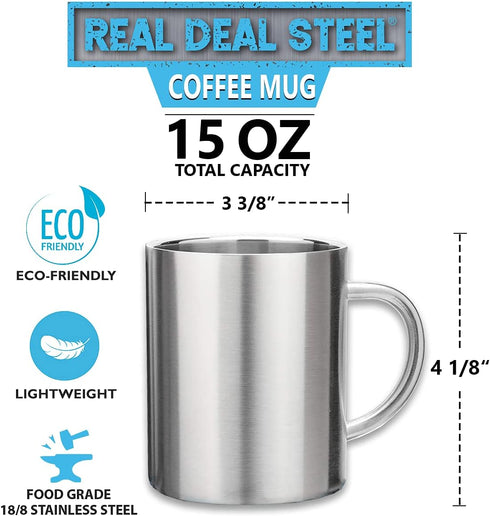 Stainless Steel Coffee Mugs – 15 oz Double Wall Stainless Steel Mugs with Handle, Metal Coffee Cups for Tea, Insulated Mug Set of 2 – BPA Free, Du...